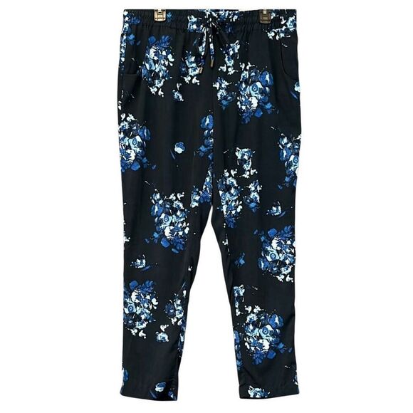 NWT COLDWATER CREEK Pants Womens Large Navy Floral Ankle Natural Fit Drawstring - Picture 1 of 15
